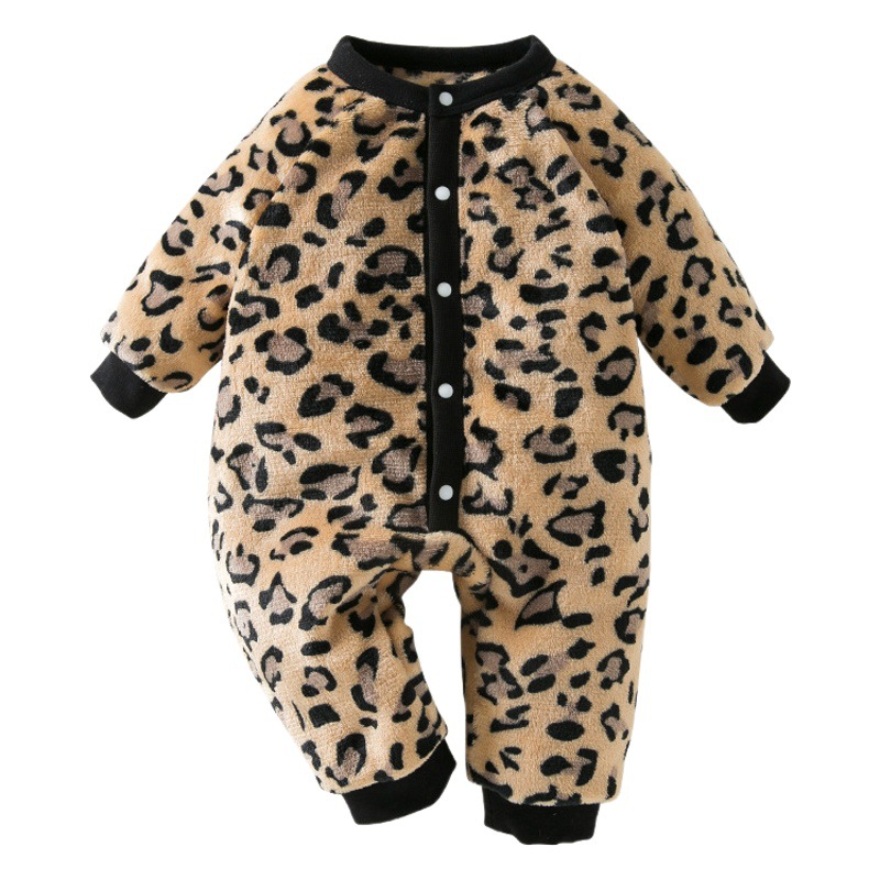 Autumn and Winter newborn jumpsuit warm fleece-lined long sleeve baby leopard print jumpsuit cute thickened baby romper