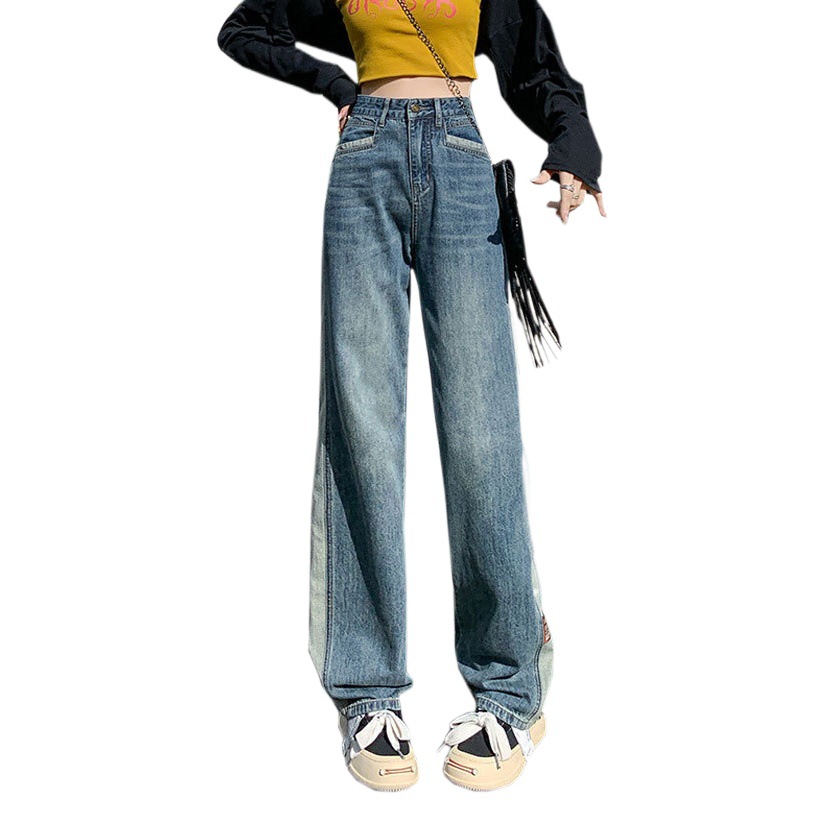 Autumn and Winter Jeans Women's Retro High Waist Contrast Color Stitching Loose All-match Fashion Straight Leg Wide Leg Long Pants