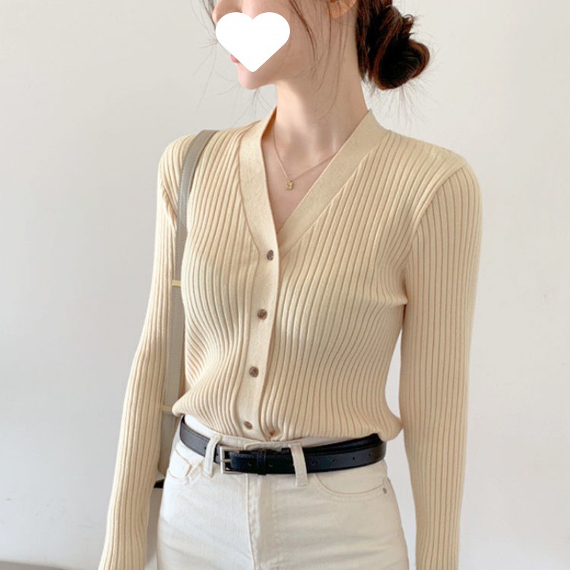 Fashion sweater coat women's outer wear solid color autumn and winter New Korean style inner base V-neck sweater top cardigan