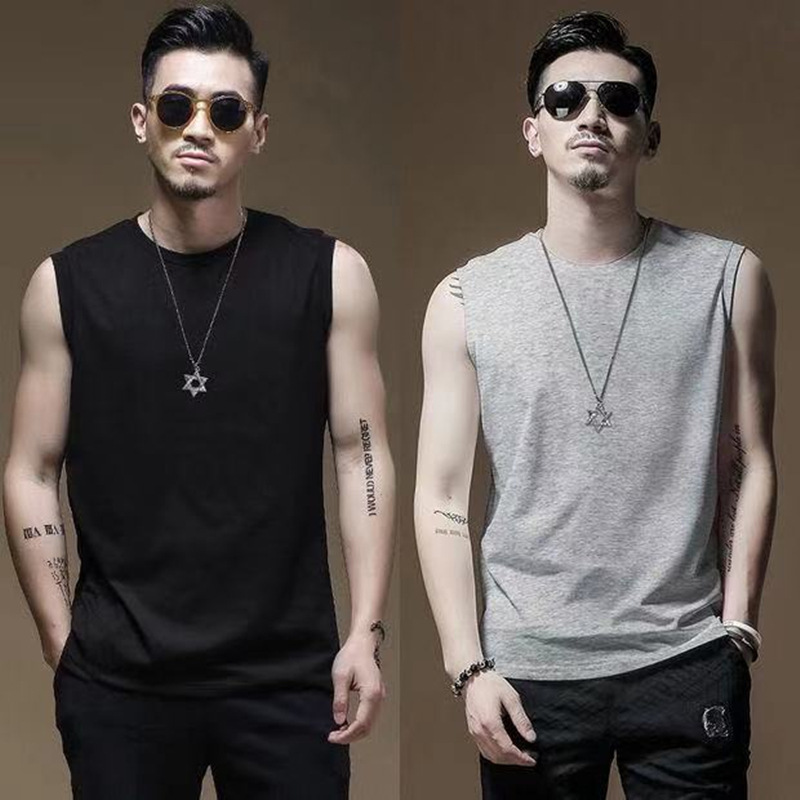 Men's Vest Summer Solid Color Round Neck Loose Waistcoat Sports Fitness Sweatshirt Casual All-match Sleeveless Base T-shirt