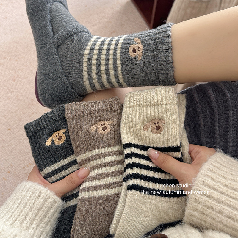 Puppy Paradise” Jacquard Cartoon Striped Wool Socks Women's Mid-Calf Socks Autumn and Winter Thickened Warm Easiest for Match Pile Socks I