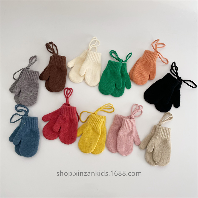 Korean Children's Hooked Knit Gloves Candy Color Autumn and Winter Thickened Warm Baby Hanging Neck Gloves Children's Gloves Fashion