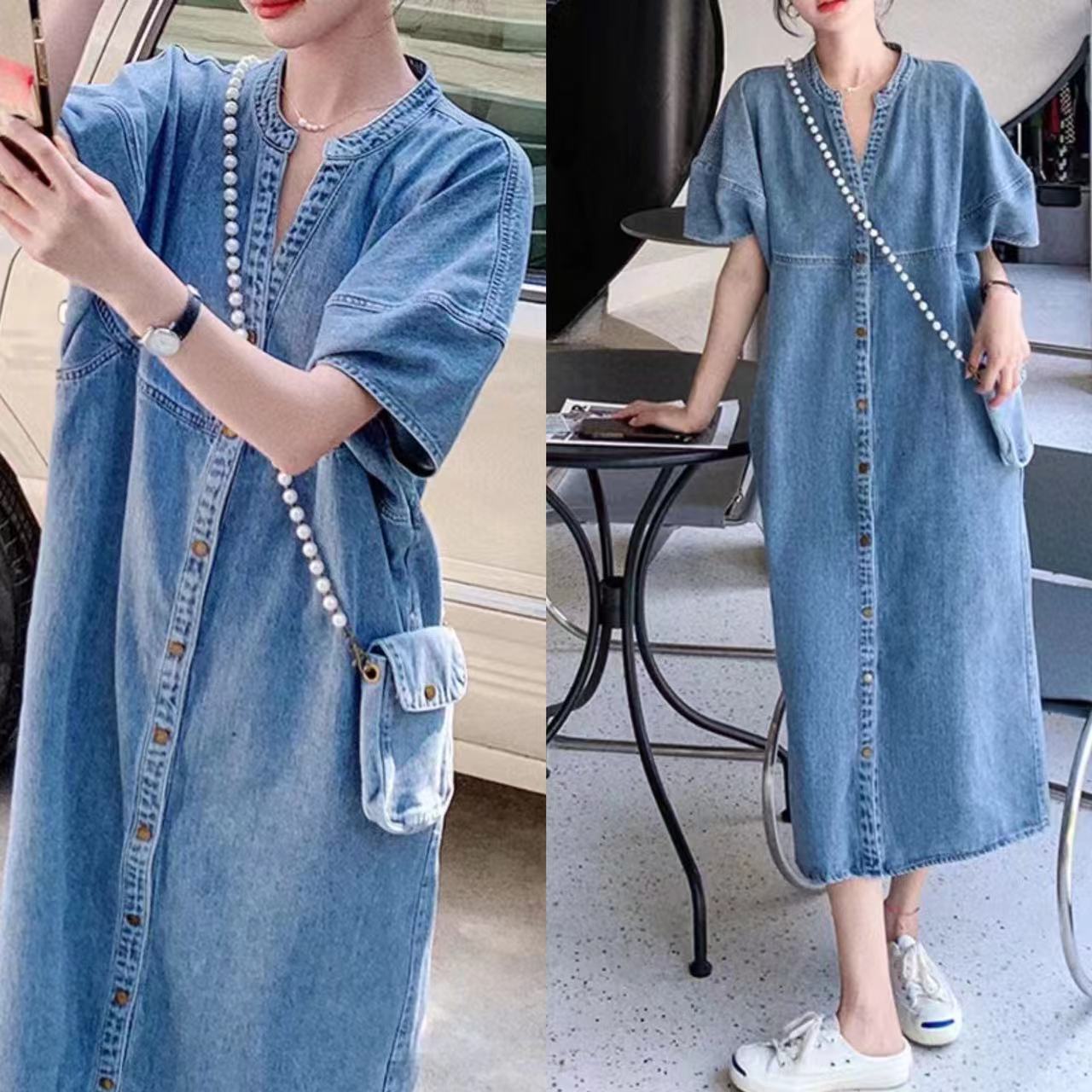 Cross-border Hong Kong-style retro denim dress women's new high-end loose casual straight long skirt