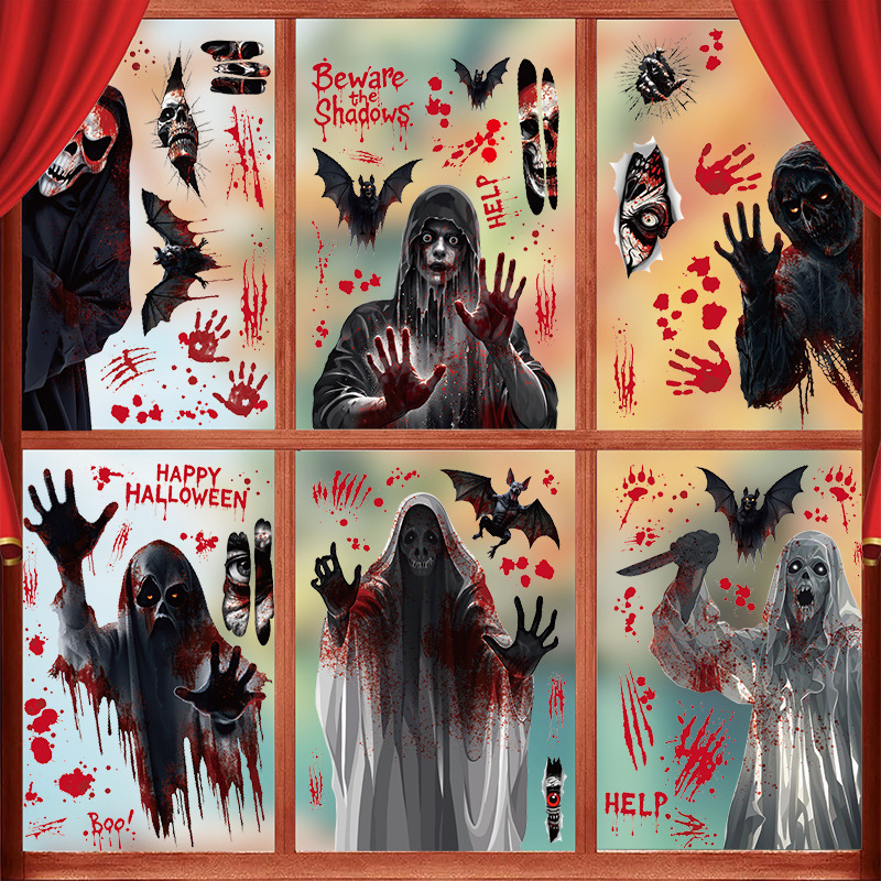 Halloween Decorative Glass Stickers Female Ghost Shadow Ghost Electrostatic Window Stickers Halloween Horror Death Blood Handprint Door Stickers