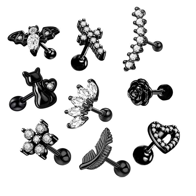 European and American Simple Stainless Steel Piercing Earrings Zircon Ear Nails Korean Style Screw Ball Distinctive Earrings Black