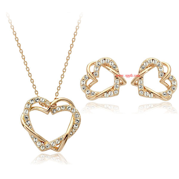 Red Apple Jewelry Korean Fashion Temperament Heart to Heart Diamond Crystal Necklace Earrings Set 420056