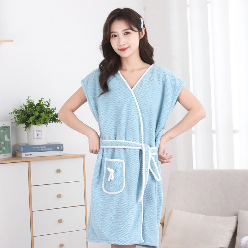 Picture of Manufacturer Wholesale Soft Coral Velvet Casual Bathrobe Household Absorbent Pineapple Plaid Strap Bath Towel Home Ladies Bath Skirt
