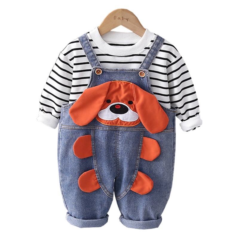 Men's Baby's Denim Sling Pants suit New Autumn Children's Korean-style Boy's Long-sleeved Two-piece Autumn Children's Wear