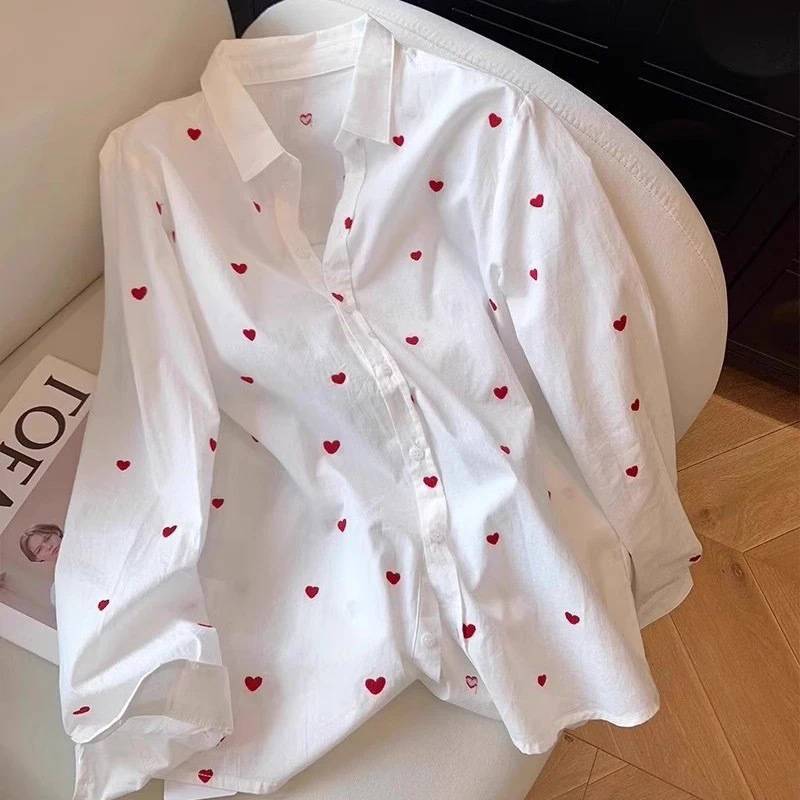 Picture of French Sweet Age-Reducing Heart-Printed Lapel Long-Sleeved Shirt for Women Spring and Summer Niche Chic Elegant Slim Shirt