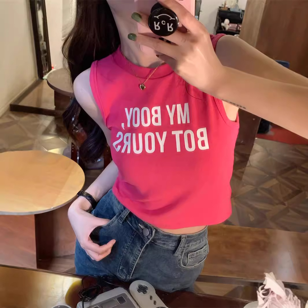 American Style Pure Sweet Spice Girl Pink Short Camisole Women's Sleeveless Base Chic Top for Summer Outer Wear
