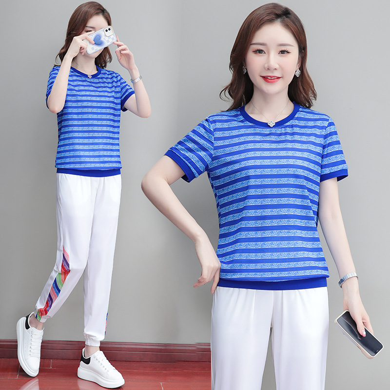 Picture of Ice Line Quick-drying Stretch Vertical Fashion Casual Sports Suit Women's Summer Thin Mesh Breathable Striped T-shirt Trendy