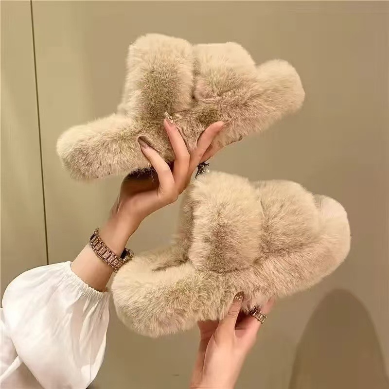 Korean Style Autumn and Winter Mao Mao Slippers Women's 2024 New Style Out Thick Bottom Home Warm High Soft Bottom Plush Slippers