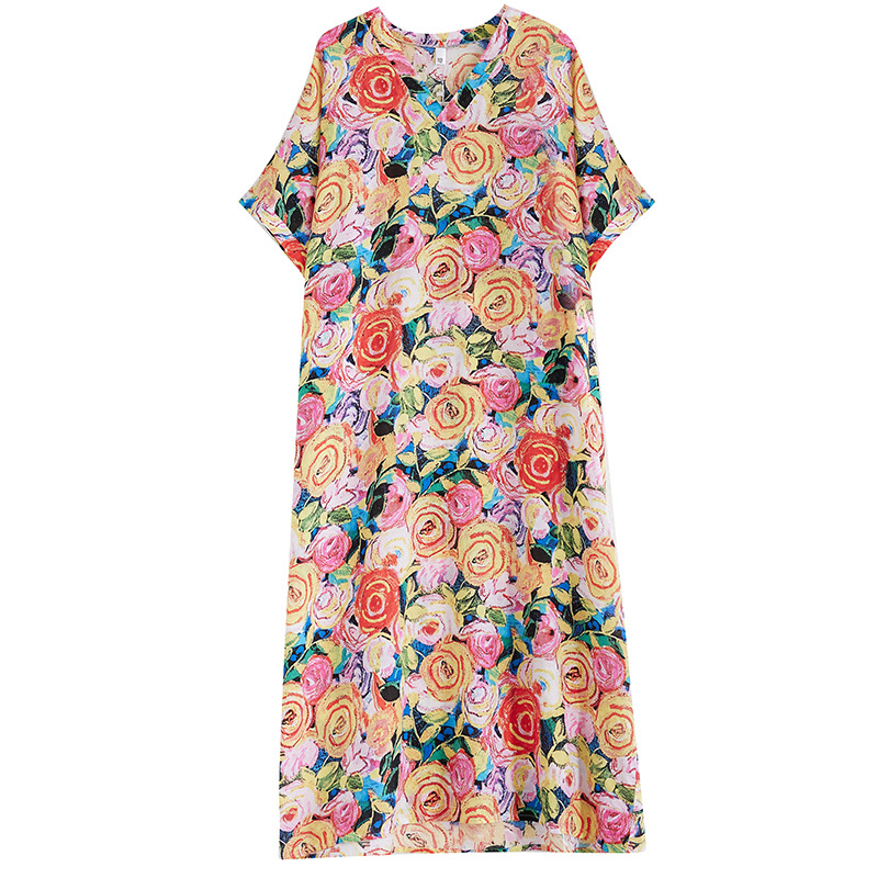 Picture of 2024 New Vintage Printed V-Neck Large Size Dress for Chubby Girls New Fashion All-match Artistic Large-length Dress for Women