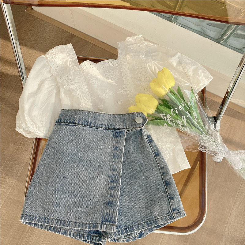 6512 summer new girls Korean fashion two-piece lace short sleeve top plus jeans two-piece set