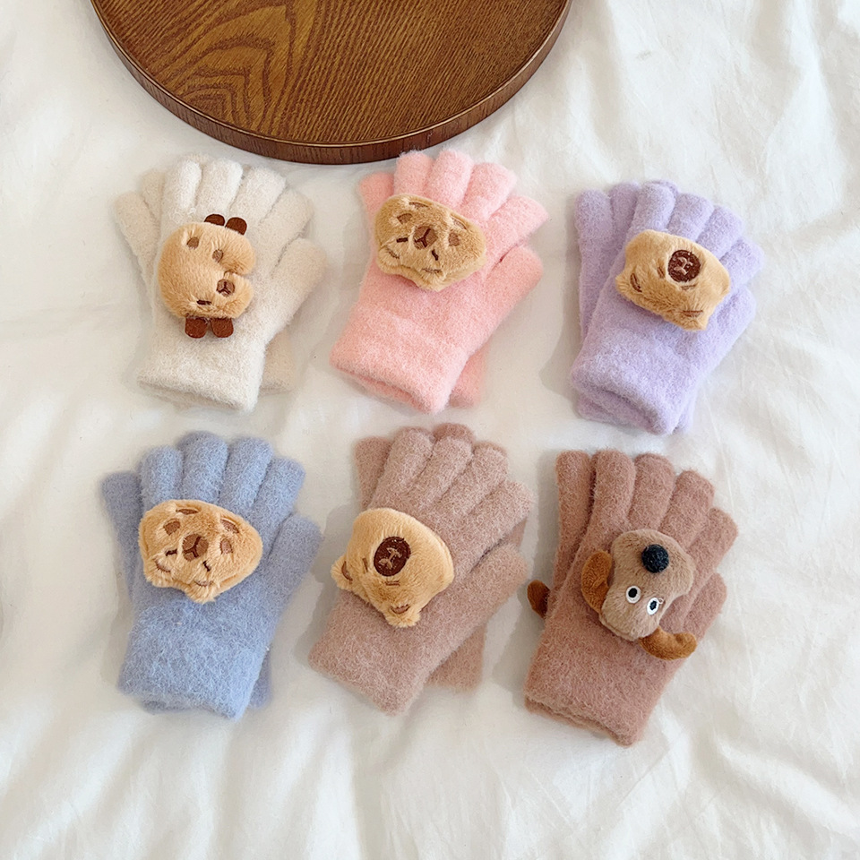 New Cartoon Marmot Plush Children's Warm Gloves Autumn and Winter Cold-proof Thickened Unisex Five Finger Cycling