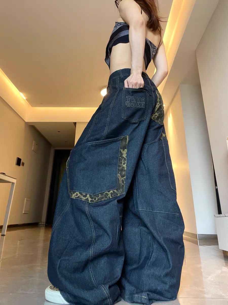 American Style Retro Leopard Print Stitching Wide Leg Pants Women's Autumn 2024 New High Waist Slimming Large Pocket Scimitar Jeans