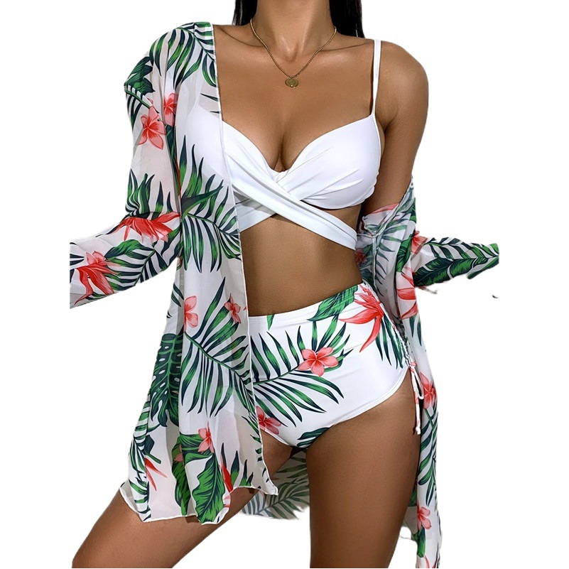 2022 European and American New Cross-border Bikini Amazon Sexy Gather Mesh Three-piece Printed Split Swimsuit for Women