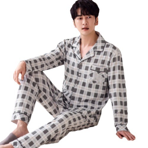 Picture of [Cloud Sense Sleeping] Spring and Summer Thin Men's Pajamas Men's Lapel Long Sleeve Casual Outer Wearing Home Clothes One suit