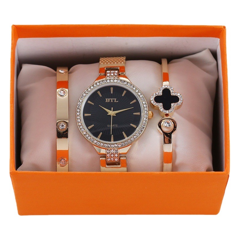 Watch Set Creative Exquisite Stylish Simple Thin Strap Mesh Strap Quartz + Bracelet 3Pcs/Set Wristwatch