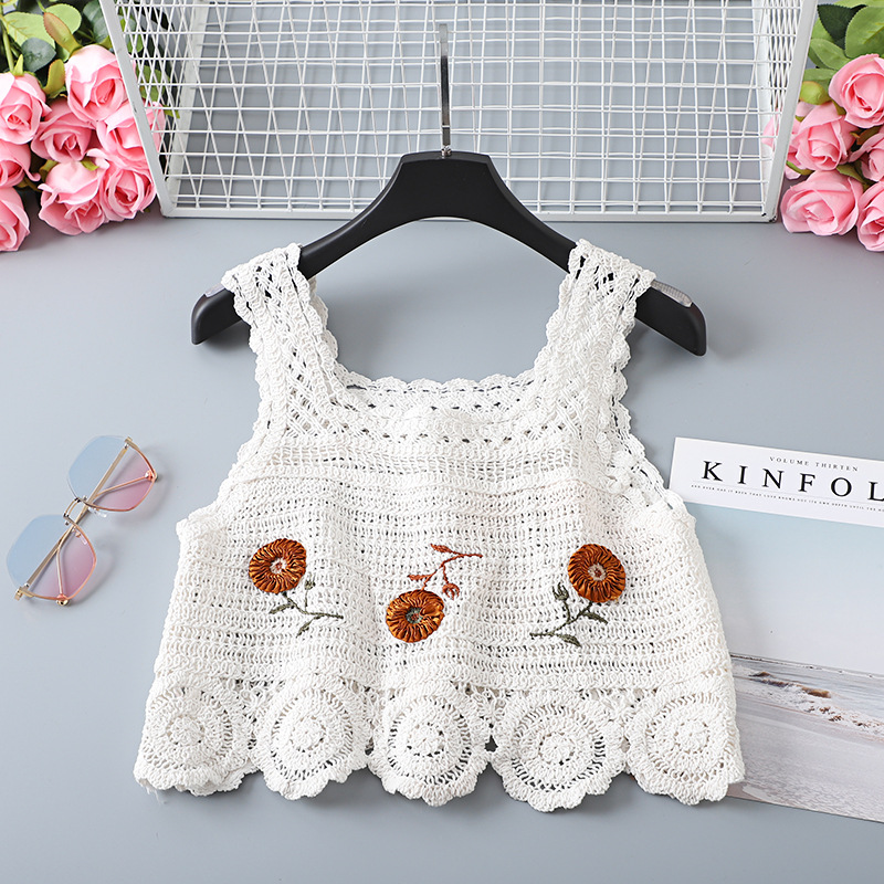 French style embroidered hollow-out knitted vest women's summer outer wear design sense small beauty back inner sleeveless top