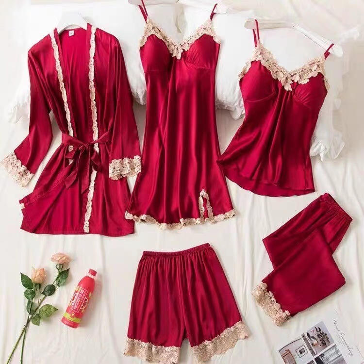 Pajamas Women's Summer New Long-sleeved Lace Sling Shorts Pants Pajamas Five-piece Silk Thin Home Clothes