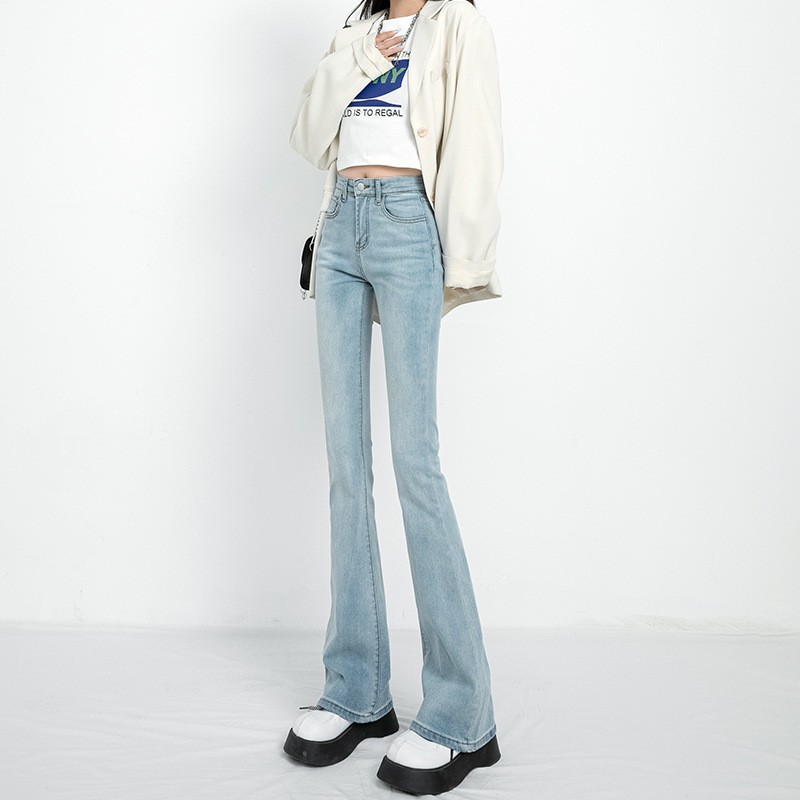 Spring and Autumn Hallyu Micro-elastic High-waist Micro-pull Jeans Women's Slimming All-match Slim-fit Light-color Retro Trumpet Pants Ins