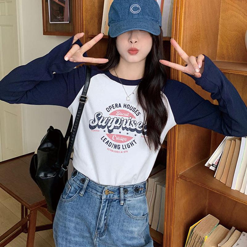 Raglan Sleeve Long T New Hot Top Blue Sleeve Stitching White Top Ice Porcelain Cotton Design Sense Outer Wearing Inner T-shirt