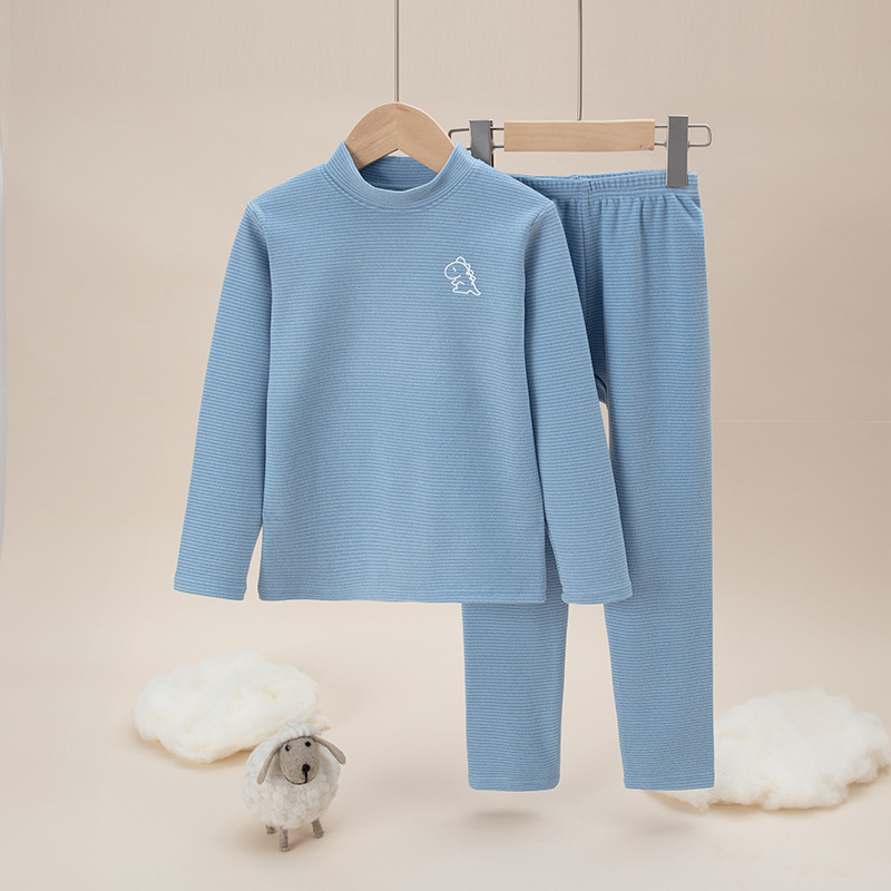 Picture of Children's double-sided brushed plush Long Johns boys and girls winter thermal underwear suit mid-collar bottoming striped pajamas