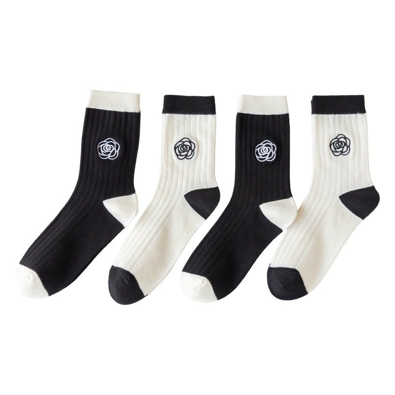 Black and White Ins Style Simple Women's Mid-length Stockings Socks Women's Autumn and Winter Pure Cotton Stockings Japanese Embroidered Camellia Korean Style