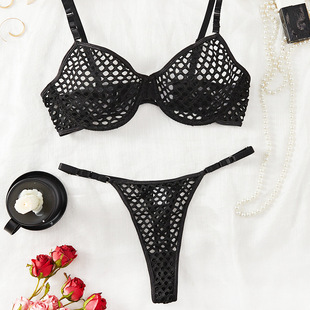 New Hollow Fishing Net Sexy Temptation Two-piece French Honeycomb Hollow Underwear Women's Ultra-thin Large Chest Shiny