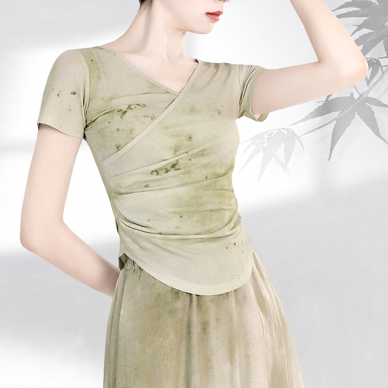 Classical Dance Printing Retro Slim-fit Dancing Suit Top Chinese Dance Antique Body Training Suit Short-sleeved Gauze Adult