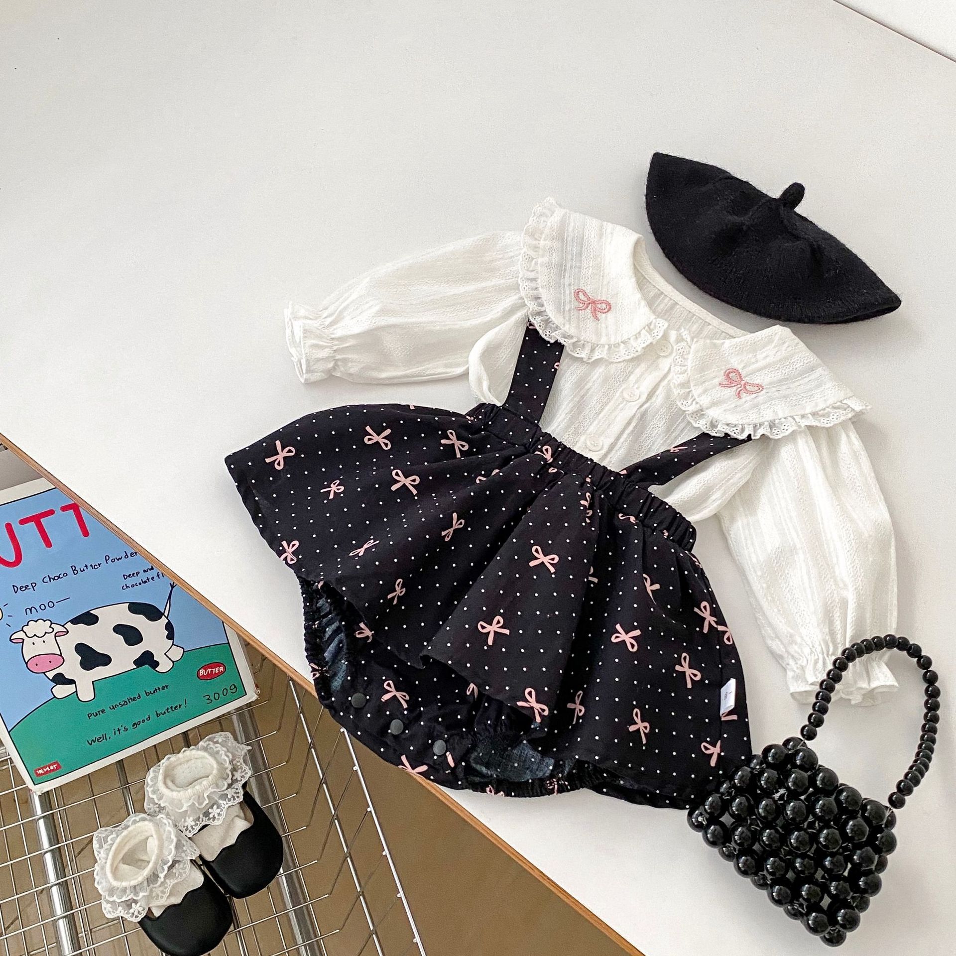 Spring Sweet Girl Baby Korean Doll Collar Top Bow Strap Dress Two-piece Outfit