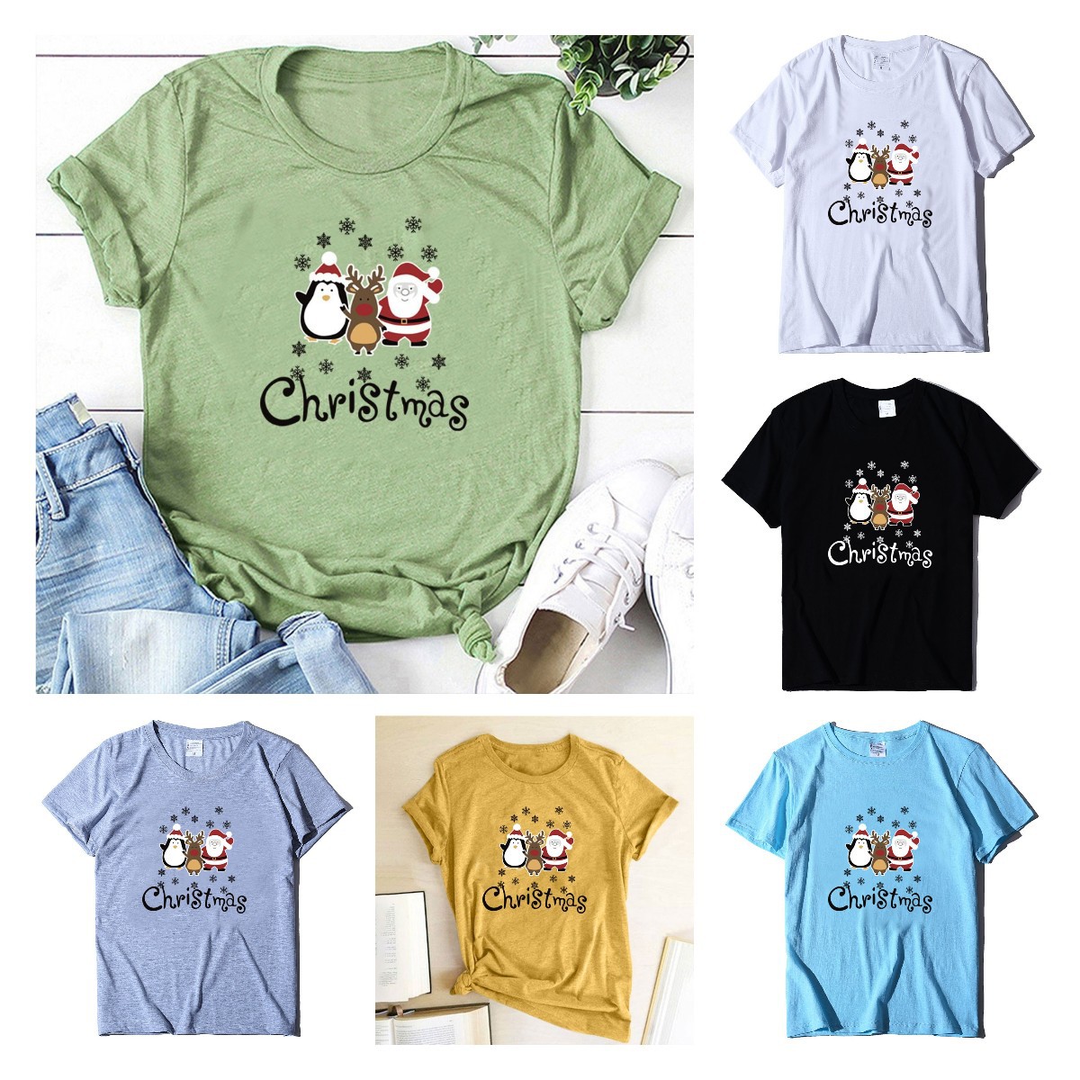 2020 Autumn cross-border Christmas Europe and the United States on the new Christmas Alphabet Christmas Penguin and elk short sleeve