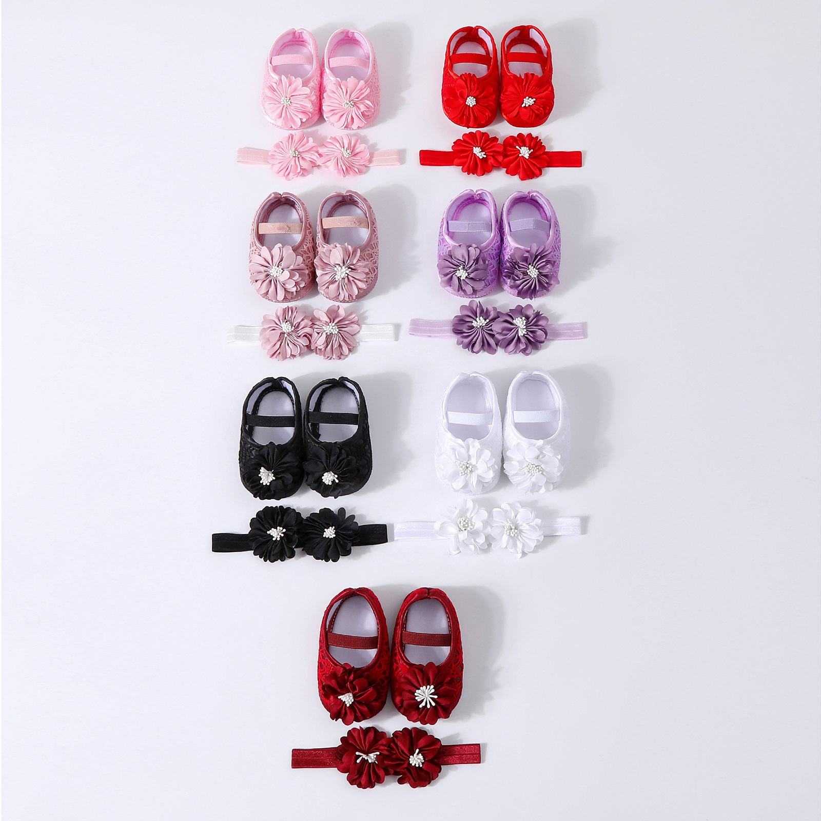 2025 Baby Lace Pearl Shoes + Headband Set Baby Toddler Shoes Soft Sole Large Flower Stamens Dotted Shoes