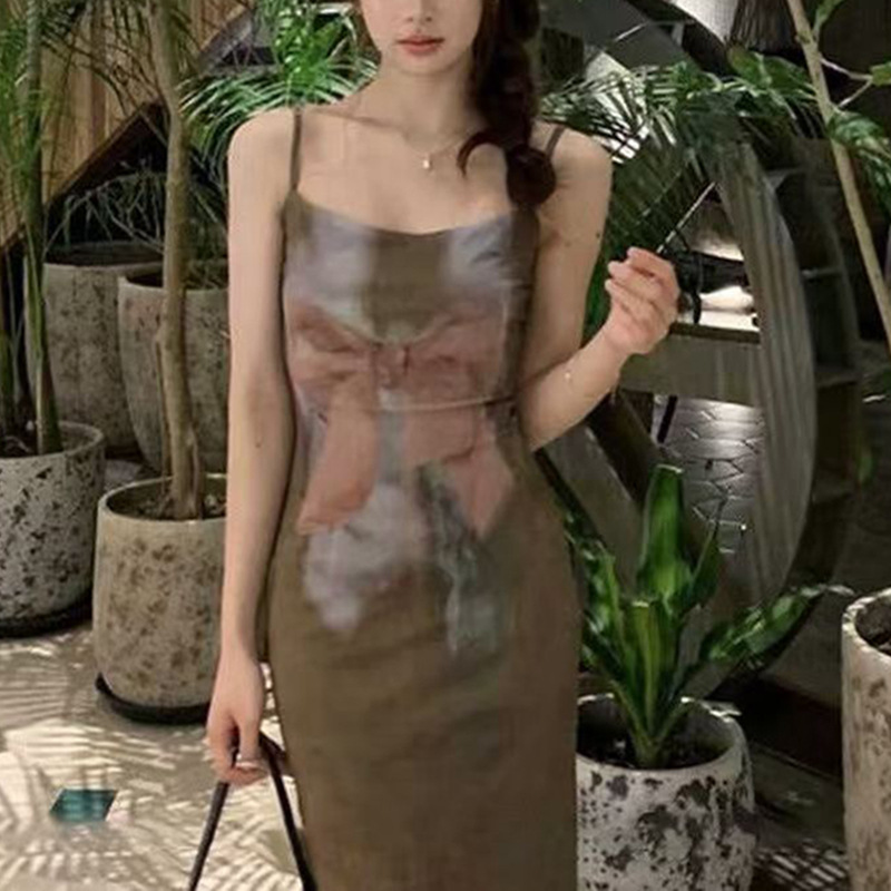American Retro Style Printed Suspender Skirt for Women Summer New Sexy Hot Girl Waist Dress Long Skirt Foreign Trade Trend