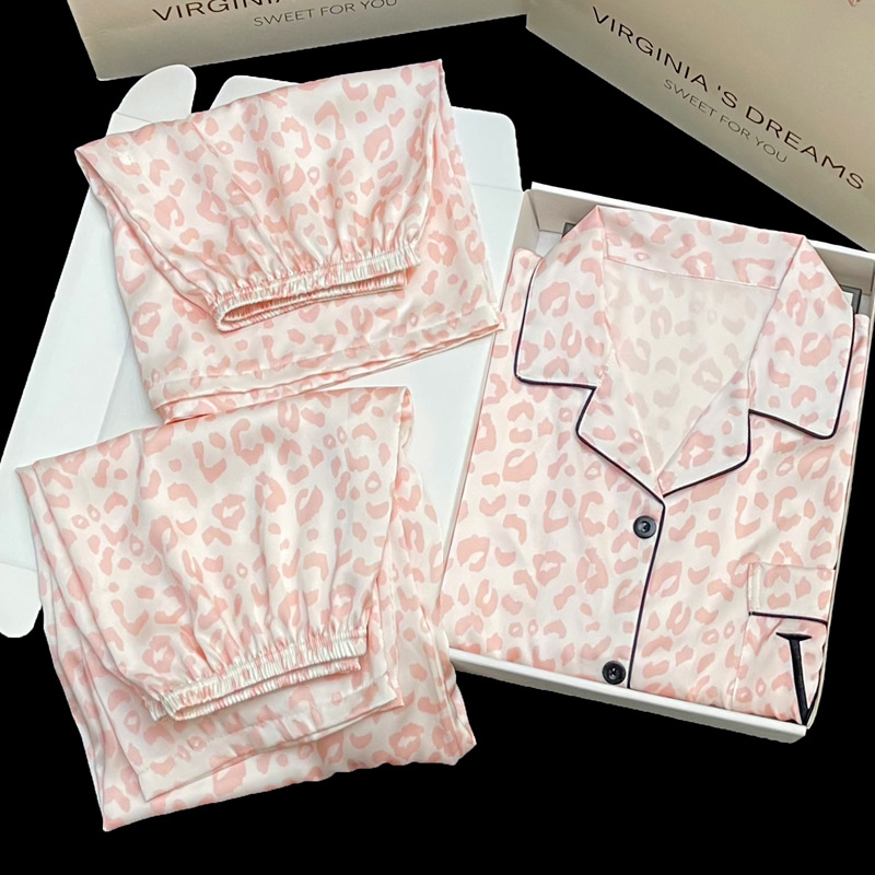 Cross-border new pink leopard lapel short sleeve three-piece high-end embroidery summer outer pajamas real shot wholesale
