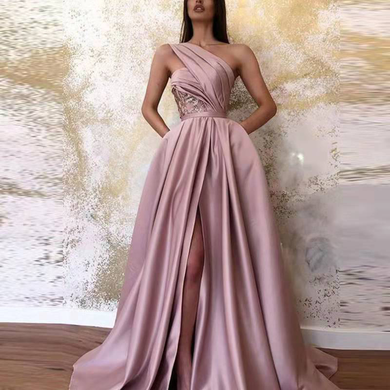 Picture of Temperament Sloping Shoulder Evening Gown Sexy Slit Sloping Shoulder Evening Dress