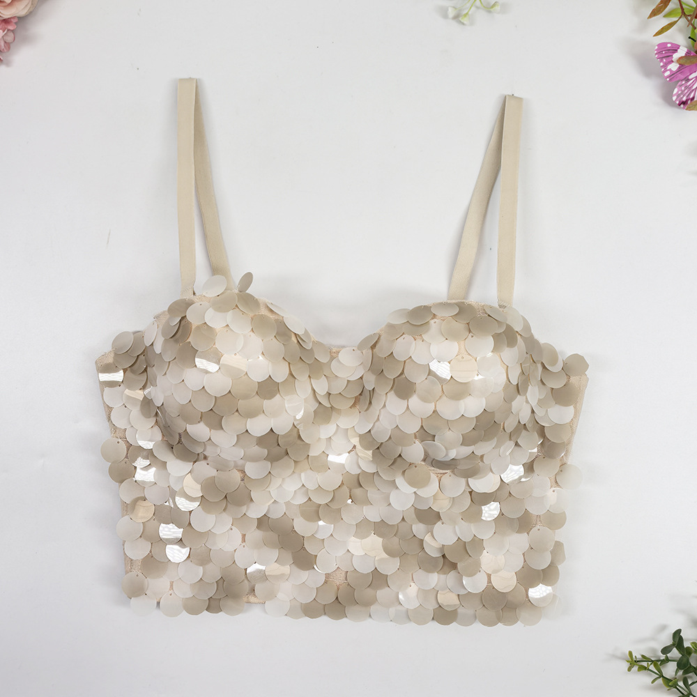 European and American Cross-border Fishbone Brassiere Fixed Cup Bounty Wrap Chest Outer Wear Performance Suit Magic Colored Fish Scale Sequins Nail Bead Sling Sling