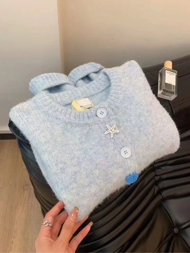 Picture of Korean Style Soft Waxy Lazy Style Blue Sweater Coat Women's Autumn High-end Loose Slimming Knitted Cardigan Top Trendy