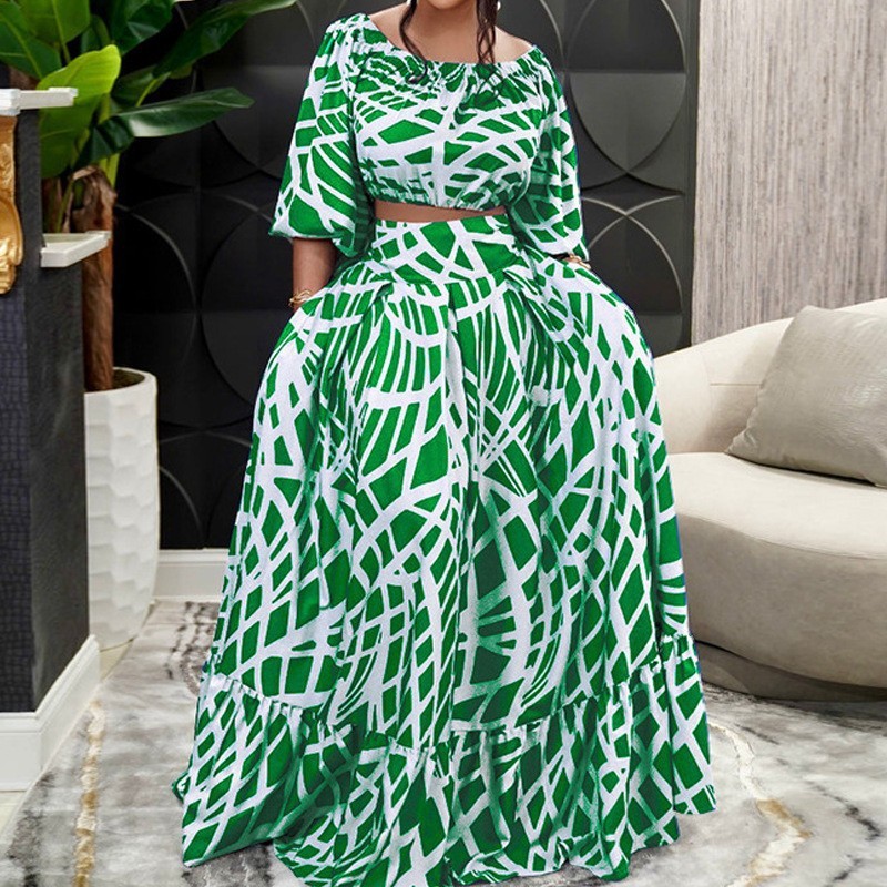 Cross-Border 2025 Spring Amazon Plus Size Women's Clothing Elegant Printed Cross-Border Skirt Fashion Suit