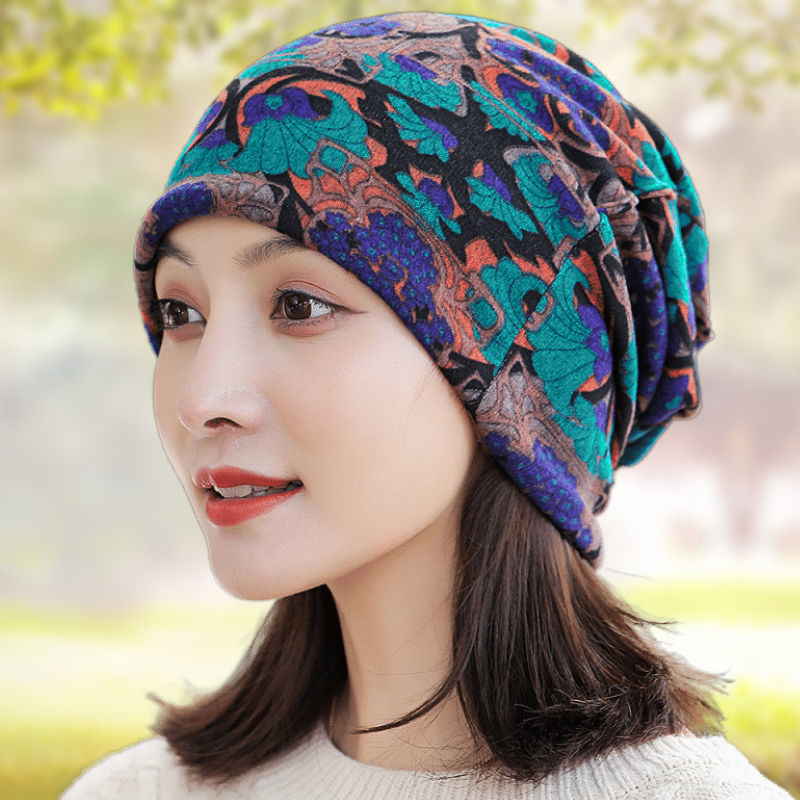 Autumn and Winter Korean-style Hat Women's Multi-purpose Tape Cap Bagging Cap Winter Pullover Cap Neck Cap Printed Stack Cap Ear Protection Cap