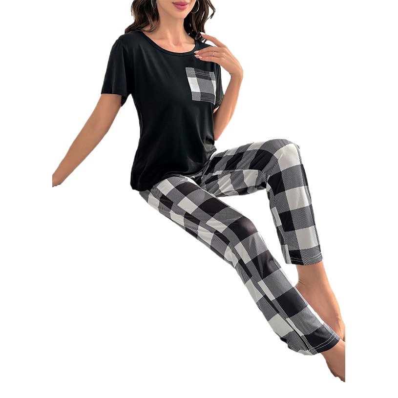 European and American Cross-Border Women's Plaid Home Wear Pajamas Two-Piece Set with Pockets, Casual, Comfortable and Thin, Can Be Worn Outside