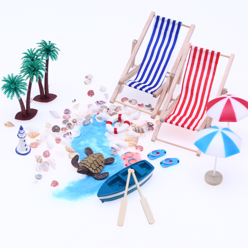 Picture of Dollhouse Doll House Mini Beach Set Micro Landscape Summer Shell Sun Umbrella Wooden Beach Chair