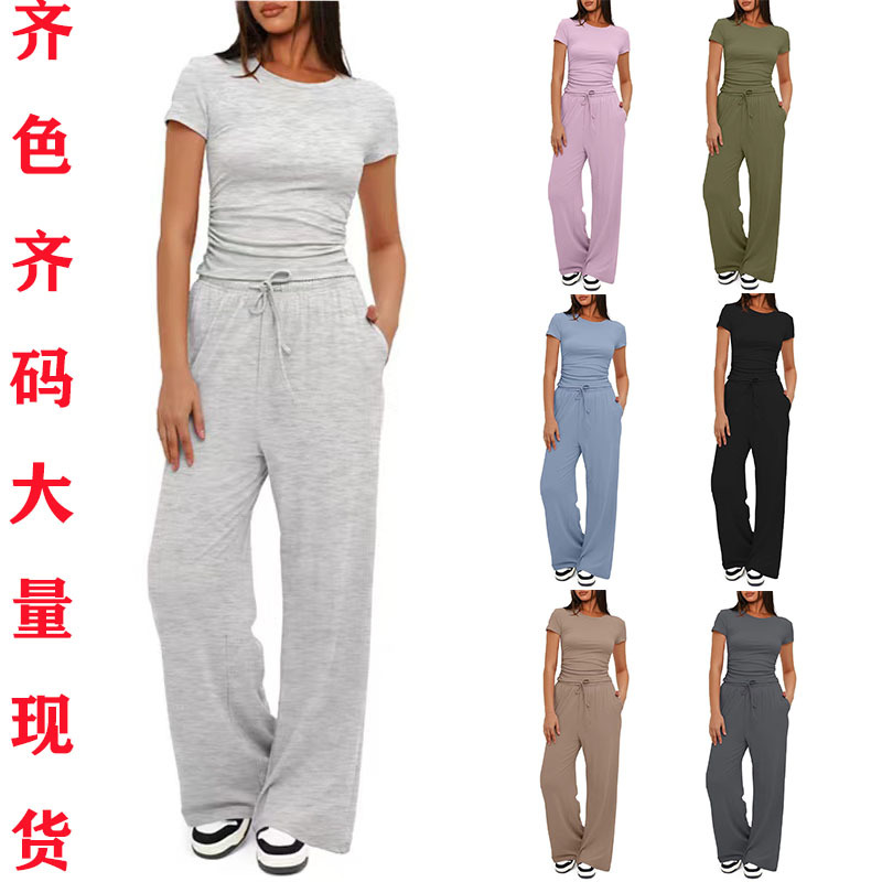 2024 European and American Amazon New Solid Color Casual suit Pleated Short Sleeve Top High Waist Wide Leg Pants Sportswear