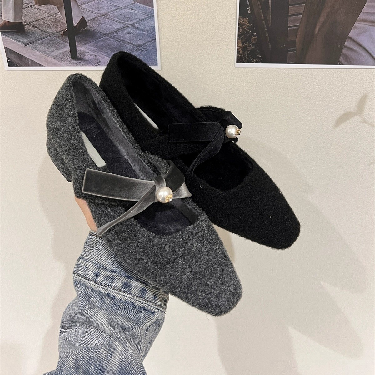 French thick heel gray shoes with skirt evening shoes women's shoes 2024 autumn and winter fleece-lined Mary Jane Mao shoes