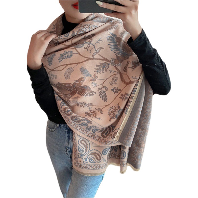 400g Thickened Version Retro Ethnic Bluebird Scarf Women's Winter Advanced Warm Neck Cashmere Shawl
