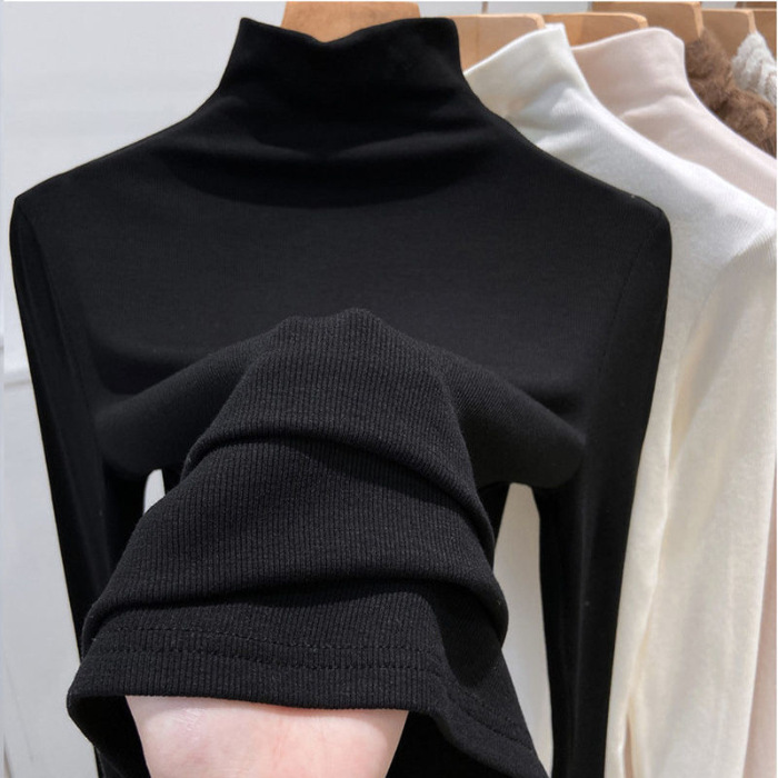 Picture of 180g Threaded Semi-high Collar Base Shirt Women's New Spring Autumn and Winter Fashion Long Sleeve T-shirt Slim Fit Velvet Inner Top