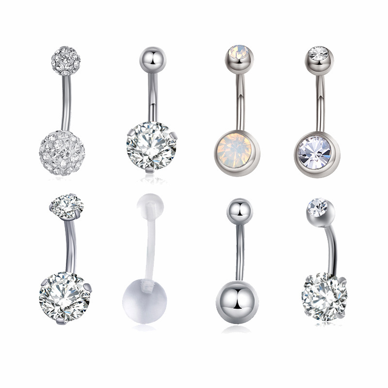 Full Diamond Ball Zircon Short Eight-piece Set Navel Ring Combination Umbilical Ornaments Umbilical Ring Umbilical Buckle Set Human Body Puncture Jewelry