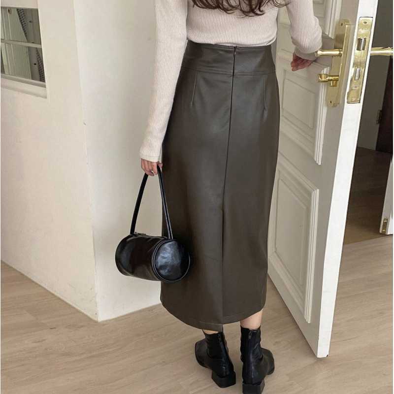 Picture of Autumn Niche Retro High Waist Slimming Side Pocket Design Leather Bust Skirt Leather Skirt