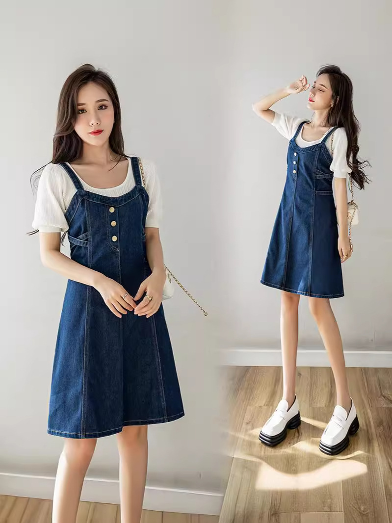 Cross-Border Real Shot Large Size Casual Versatile Denim Suspender Skirt for Women 2025 Summer New Slim Short Dress